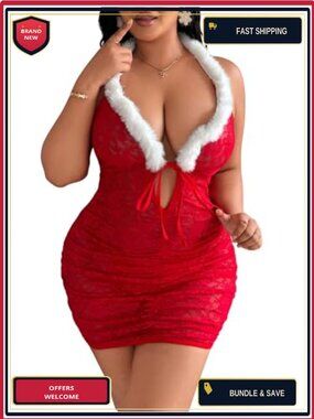 Plus Size Lace Lingerie 3 Piece Santa Costume Halter Mini Dress